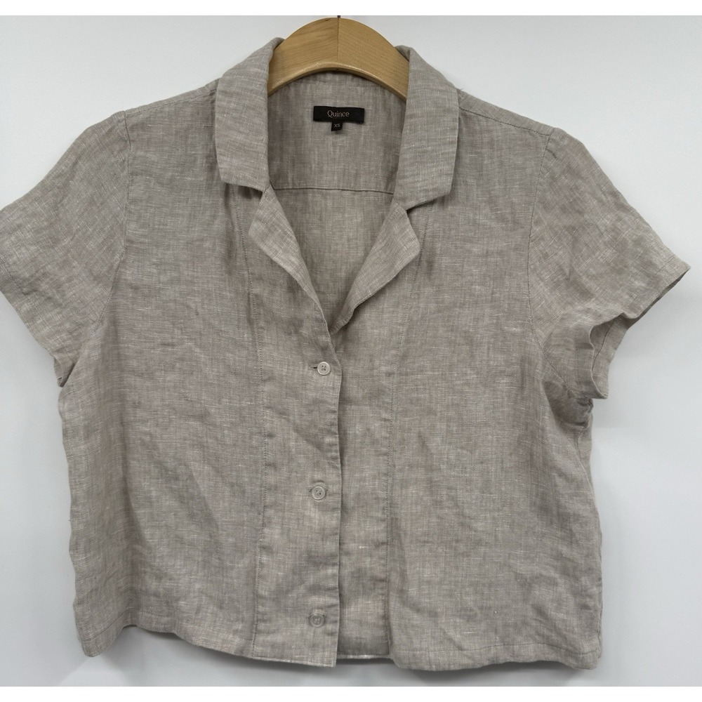 Quince Lot of 2 100% European Linen Short Sleeve Shirt XS Cropped Teal & Tan - Picture 4 of 10